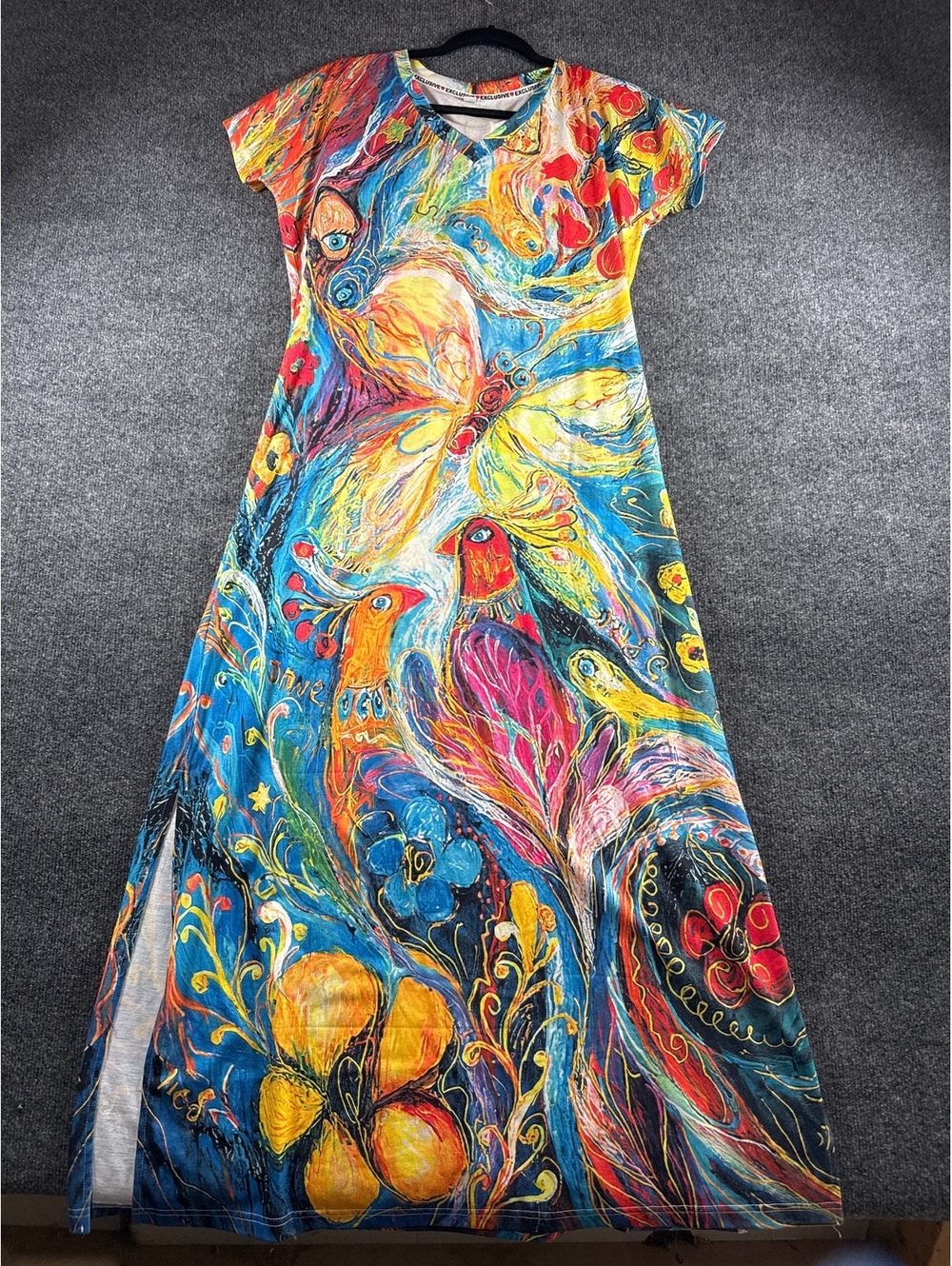 Womens Medium Multicolor Bird Floral Art Print Fit Flare Midi Dress Exclusive